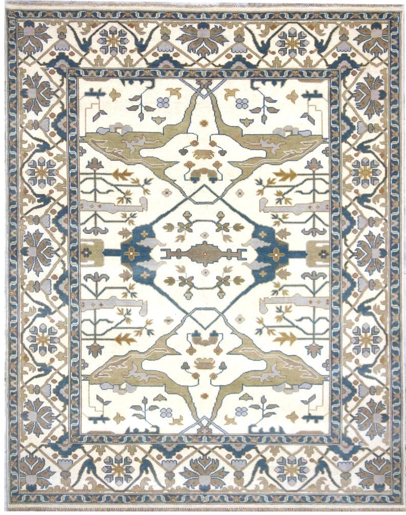 Premium Hand-Knotted Oushak Wool Rug - Cream Beige & Muted Blue-Grey Turkish Carpet