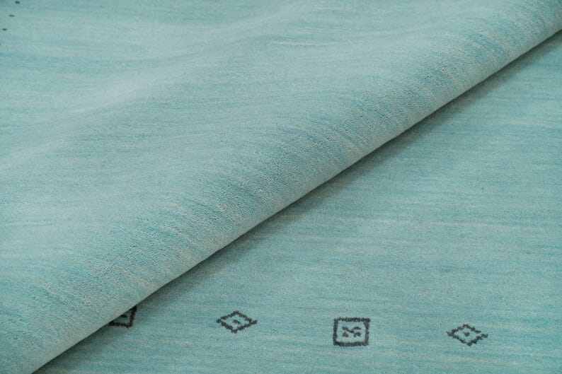 Premium Hand-Knotted Gabbeh Wool Rug - Minimalist Mint Green Aqua Blue Carpet