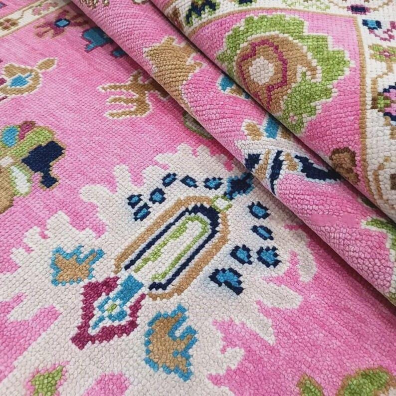 Premium Hand-Knotted Oushak Wool Rug - Fuchsia Pink & Multi-Color Turkish Style Carpet - Custom Size Area Rug for Living Room, Bedroom & Kids Room