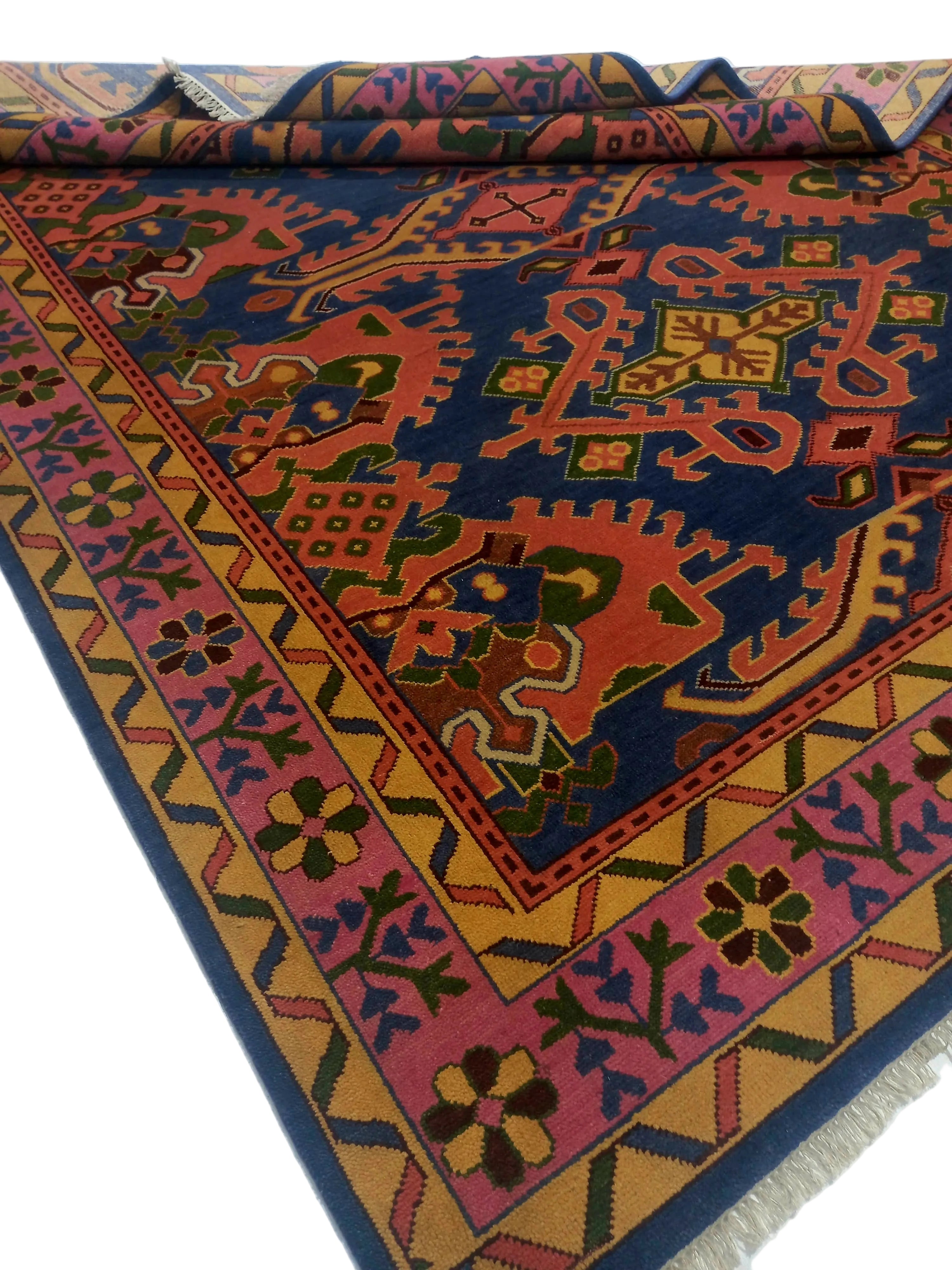 Premium Hand-Knotted Heriz Serapi Wool Rug - Royal Blue & Terracotta Geometric Carpet - Custom Size Traditional Area Rug for Living Room & Dining Space