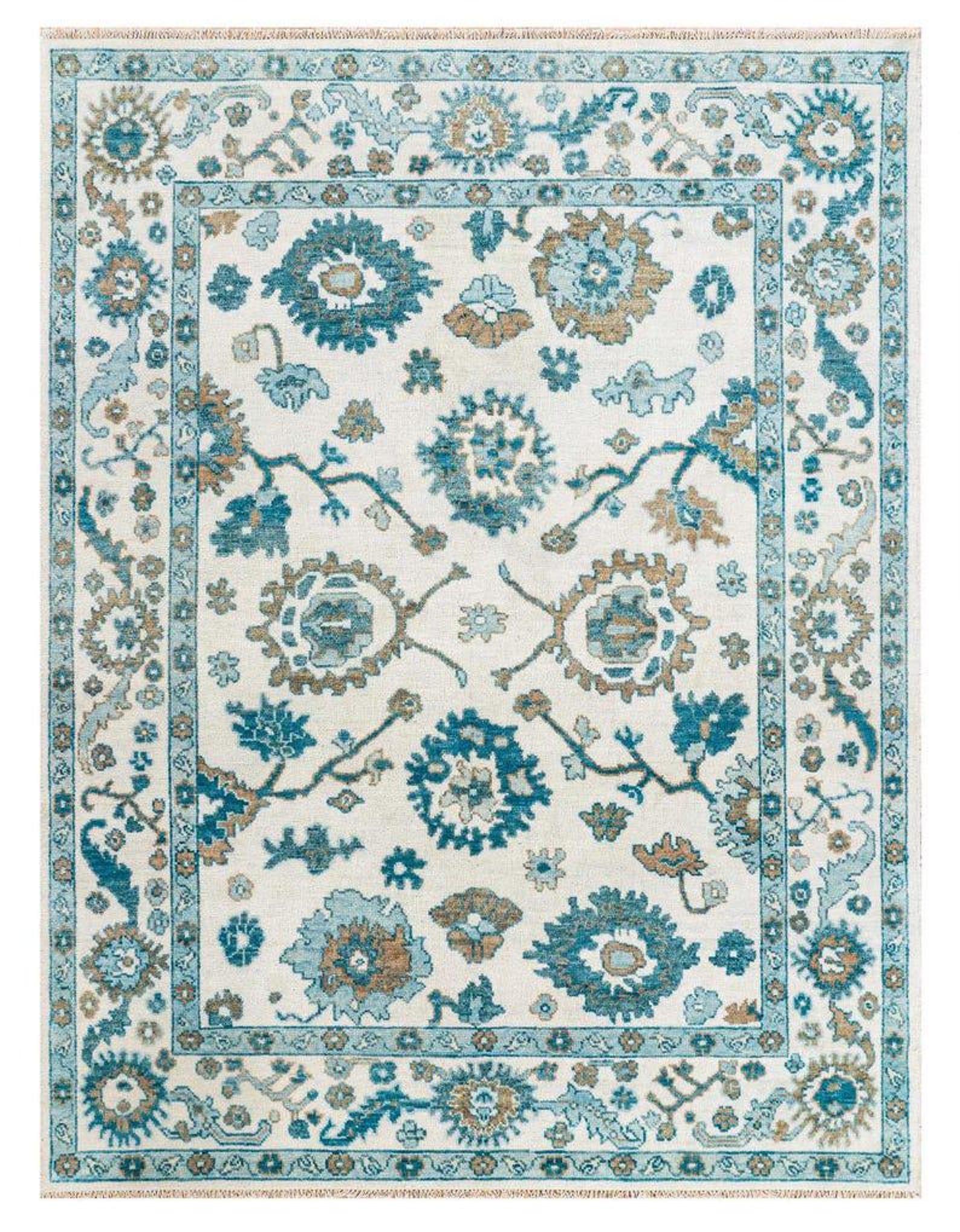 Premium Hand-Knotted Oushak Wool Rug - Creamy Ivory & Turquoise Blue Turkish Carpet - Custom Size Traditional Area Rug for Living Room, Bedroom & Coastal Spaces