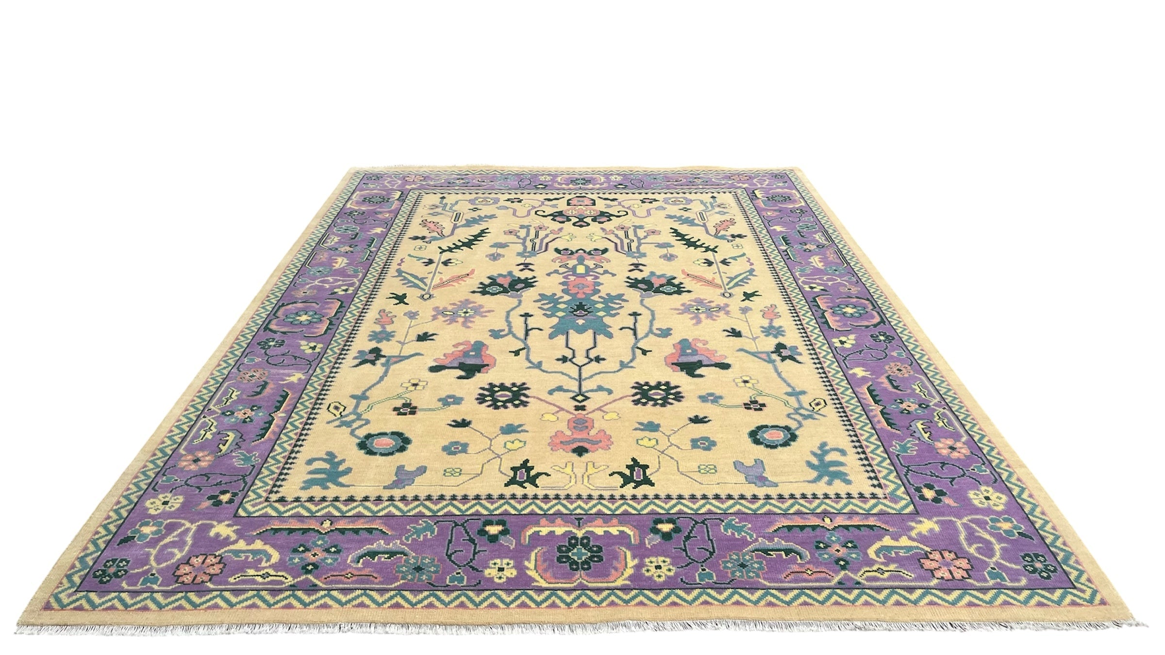 Premium Hand-Knotted Oushak Wool Rug - Ivory Cream and Purple Lavender Floral Carpet