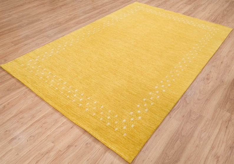 Premium Hand-Knotted Gabbeh Wool Rug - Minimalist Golden Mustard Yellow Carpet