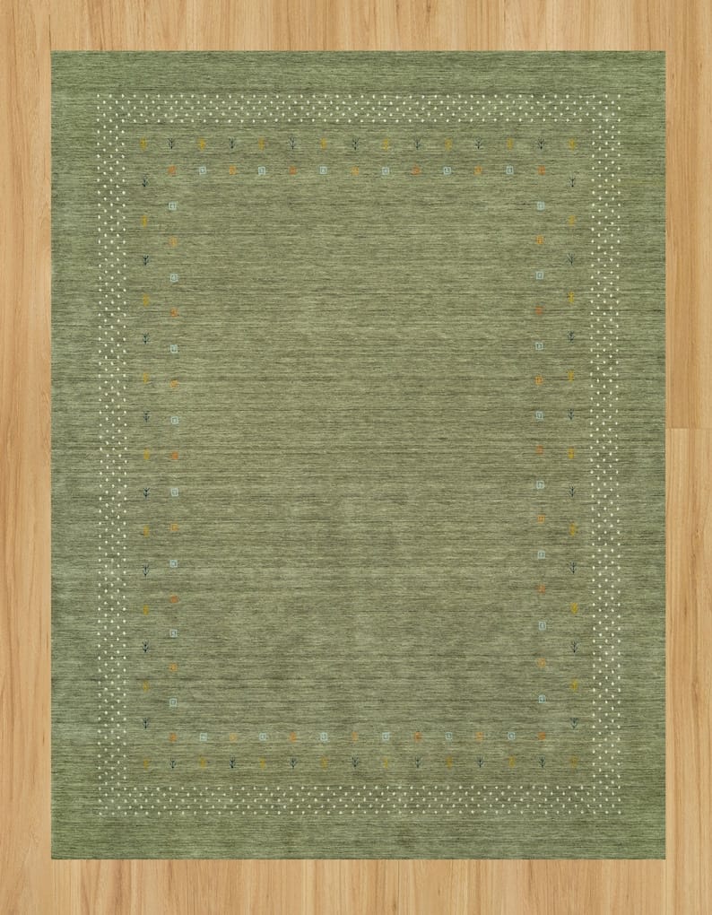 Premium Hand-Knotted Gabbeh Wool Rug - Minimalist Sage Green Organic Tribal Area Carpet - Custom Size Available