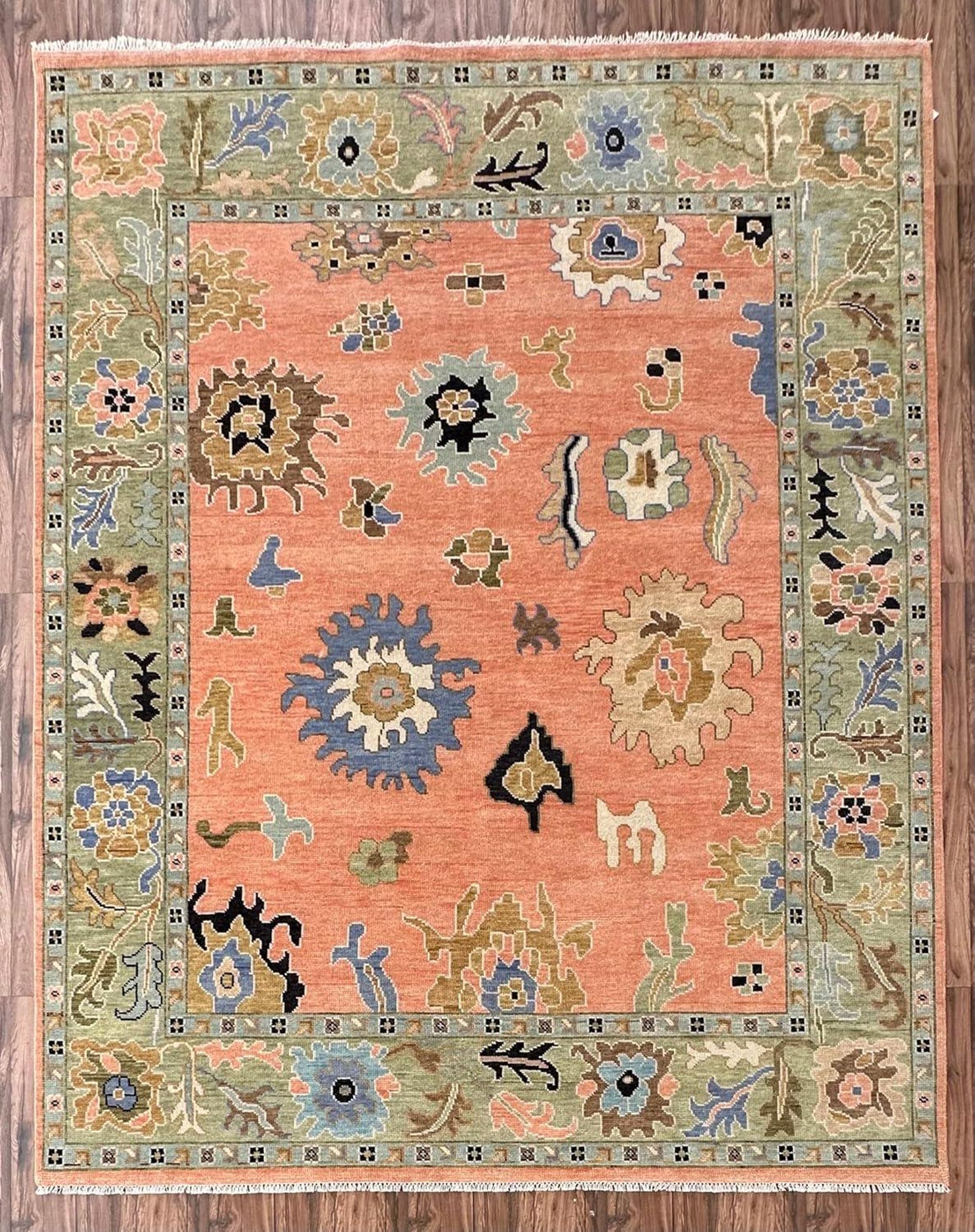 Premium Hand-Knotted Oushak Wool Rug - Vibrant Terracotta Orange Multi Floral Carpet