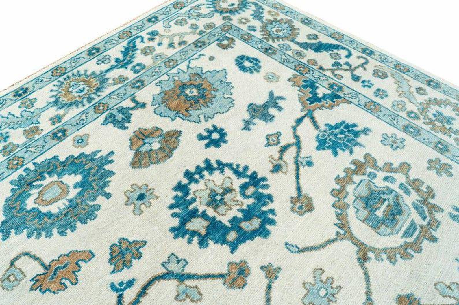 Premium Hand-Knotted Oushak Wool Rug - Creamy Ivory & Turquoise Blue Turkish Carpet - Custom Size Traditional Area Rug for Living Room, Bedroom & Coastal Spaces
