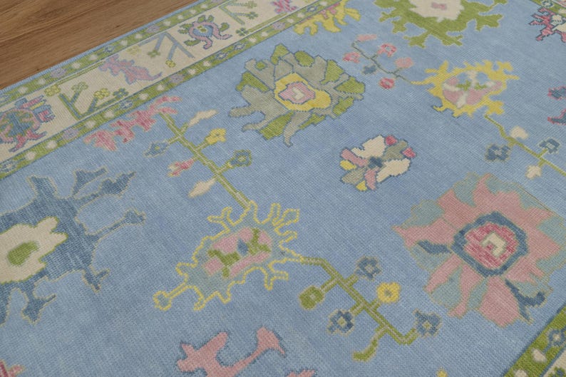 Premium Hand-Knotted New Zealand Wool Oushak Area Rug - Elegant Blue & Pastel Floral Traditional Carpet