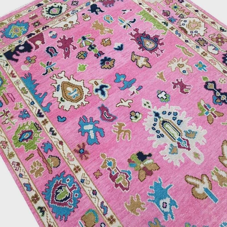 Premium Hand-Knotted Oushak Wool Rug - Vibrant Pink Magenta Floral Area Carpet