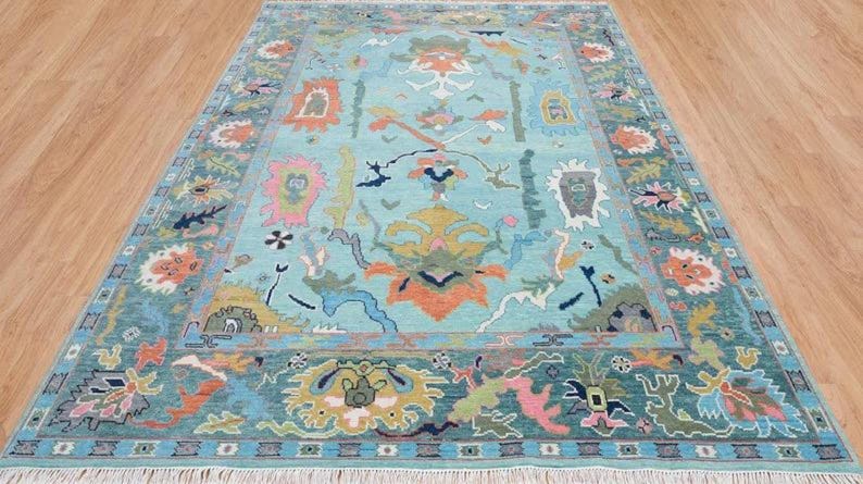 Premium Hand-Knotted Oushak Wool Rug - Turquoise Blue & Terracotta Orange Turkish Style Carpet - Custom Size Area Rug for Living Room, Bedroom & Dining Space