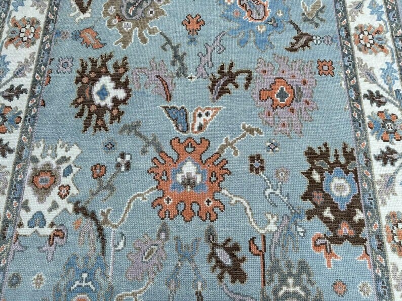 Premium Hand-Knotted Oushak Wool Rug - Steel Blue & Ivory Border Turkish Style Carpet - Custom Size Area Rug for Living Room, Bedroom & Dining Space