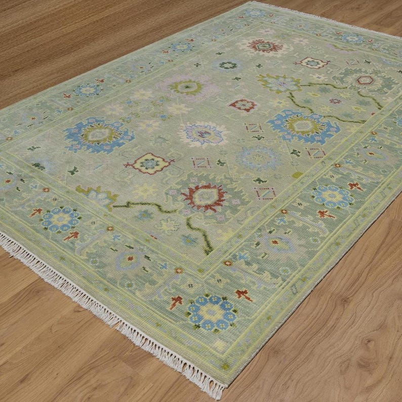 Premium Hand-Knotted Oushak Wool Rug - Muted Sage Green & Lavender Pastel Turkish Style Carpet - Custom Size Area Rug for Living Room, Bedroom & Nursery