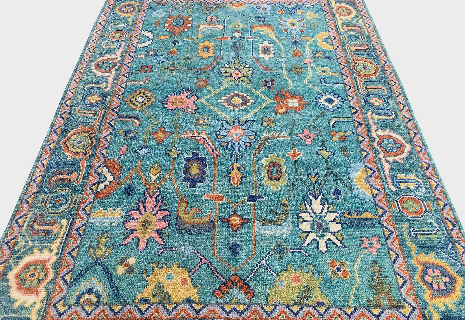 Premium Hand-Knotted Oushak Wool Rug - Vibrant Teal Blue & Terracotta Turkish Style Carpet - Custom Size Area Rug for Living Room, Bedroom & Dining Space