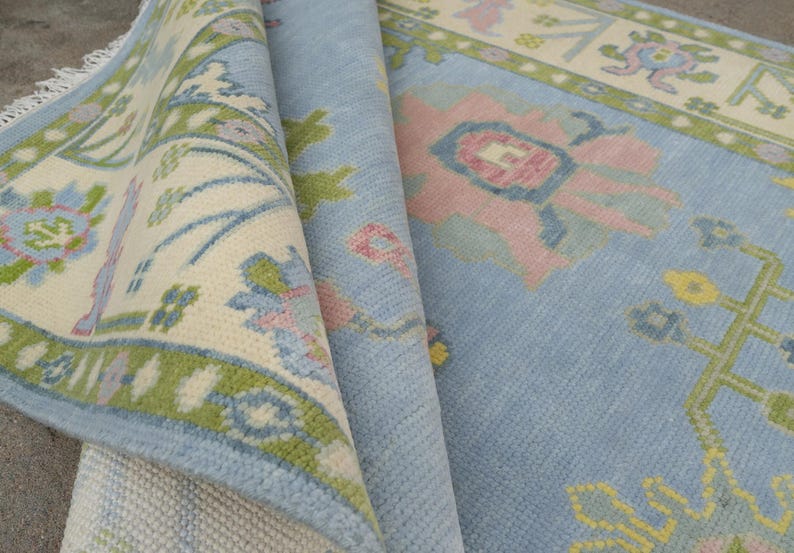 Premium Hand-Knotted New Zealand Wool Oushak Area Rug - Elegant Blue & Pastel Floral Traditional Carpet