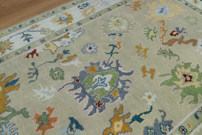 Premium Hand-Knotted Oushak Wool Rug - Muted Sage Green & Pale Yellow Pastel Turkish Carpet - Custom Size Area Rug for Living Room, Bedroom & Nursery