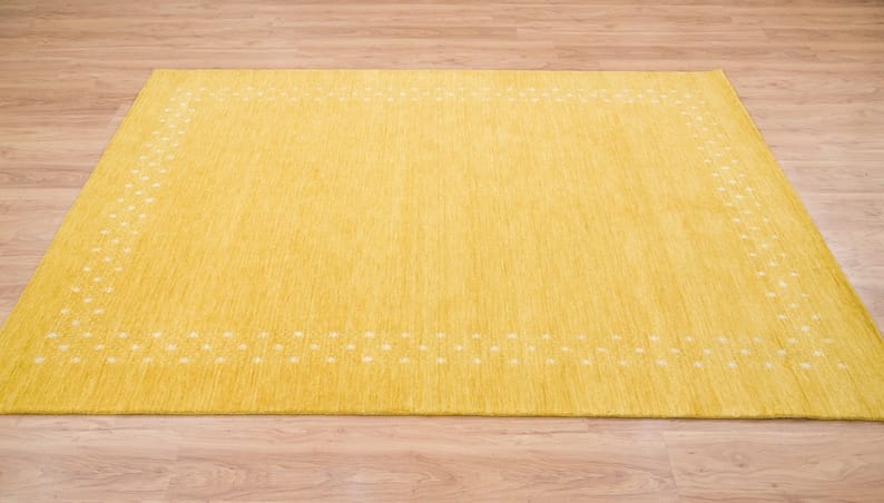 Premium Hand-Knotted Gabbeh Wool Rug - Minimalist Golden Mustard Yellow Carpet