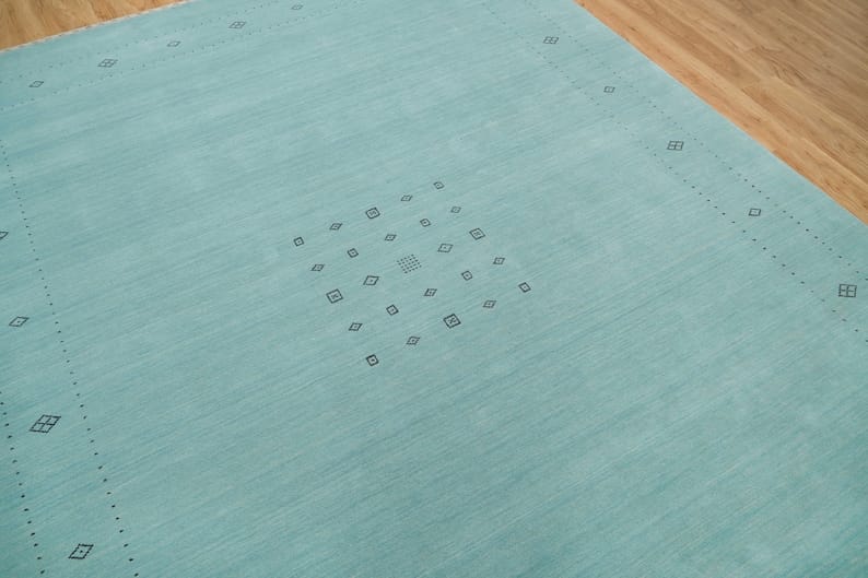 Premium Hand-Knotted Gabbeh Wool Rug - Minimalist Mint Green Aqua Blue Carpet