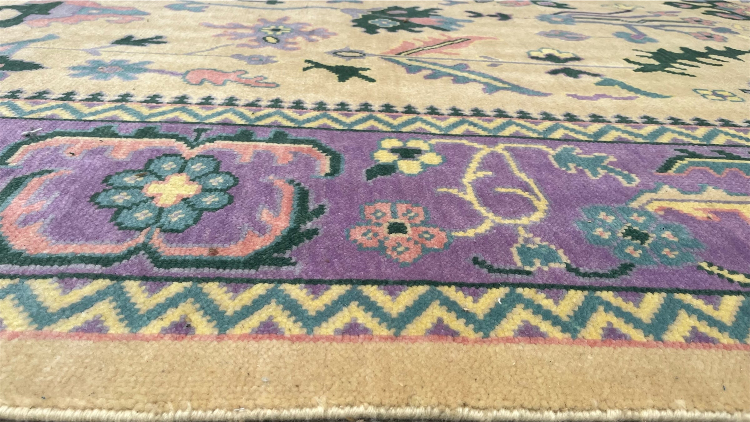Premium Hand-Knotted Oushak Wool Rug - Ivory Cream and Purple Lavender Floral Carpet