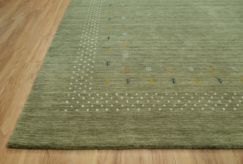 Premium Hand-Knotted Gabbeh Wool Rug - Minimalist Sage Green Organic Tribal Area Carpet - Custom Size Available