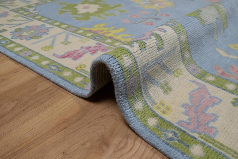 Premium Hand-Knotted Oushak Wool Rug - Sky Blue & Ivory Border Pastel Turkish Carpet - Custom Size Area Rug for Living Room, Bedroom & Nursery