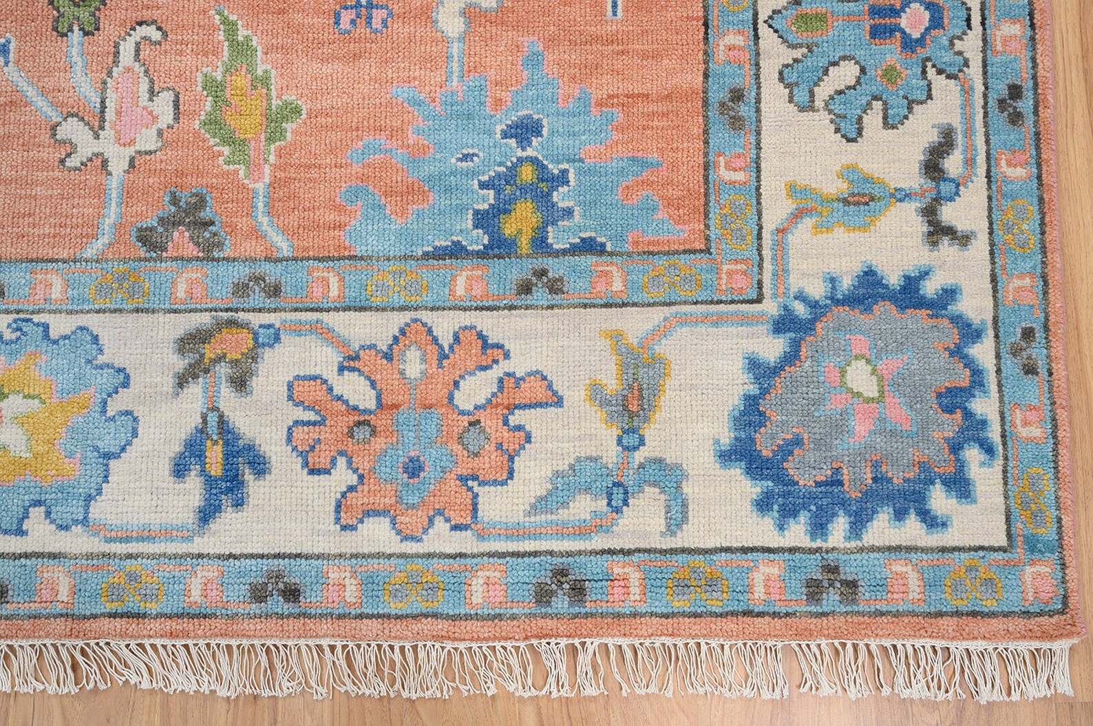 Premium Hand-Knotted Oushak Wool Rug - Vibrant Terracotta Orange Coral Floral Carpet