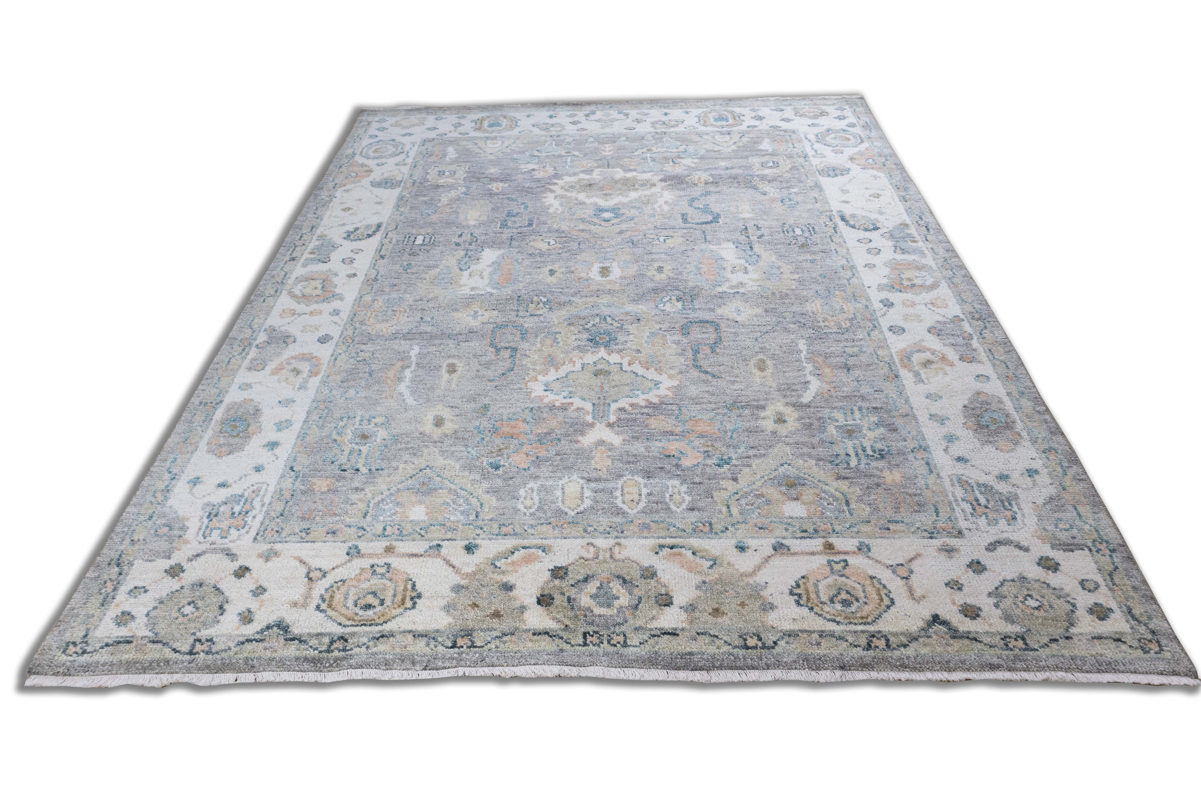 Premium Hand-Knotted Oushak Wool Rug - Muted Silver Grey Light Blue Floral Carpet