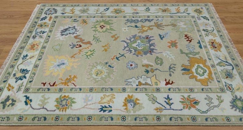 Premium Hand-Knotted Oushak Wool Rug - Muted Sage Green & Pale Yellow Pastel Turkish Carpet - Custom Size Area Rug for Living Room, Bedroom & Nursery