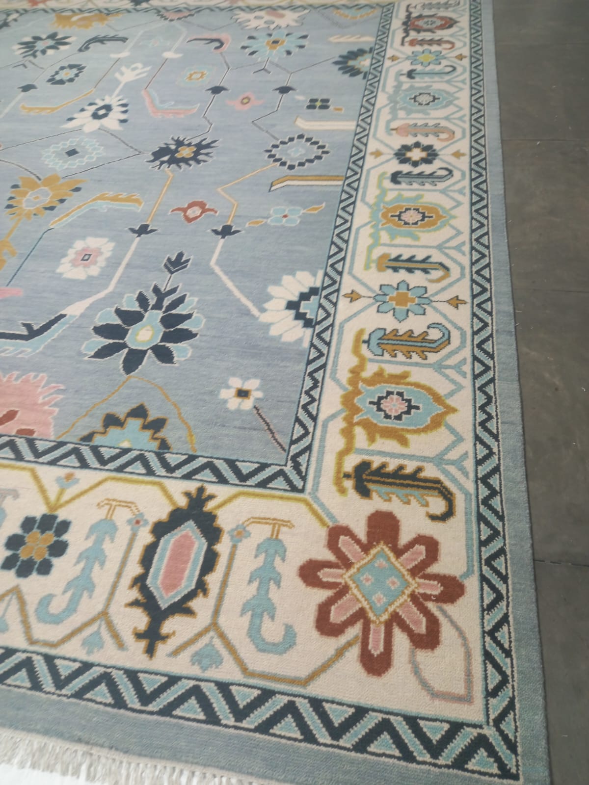 Premium Hand-Knotted Oushak Wool Rug - Slate Blue & Ivory Border Transitional Carpet - Custom Size Area Rug for Living Room, Bedroom & Dining Space