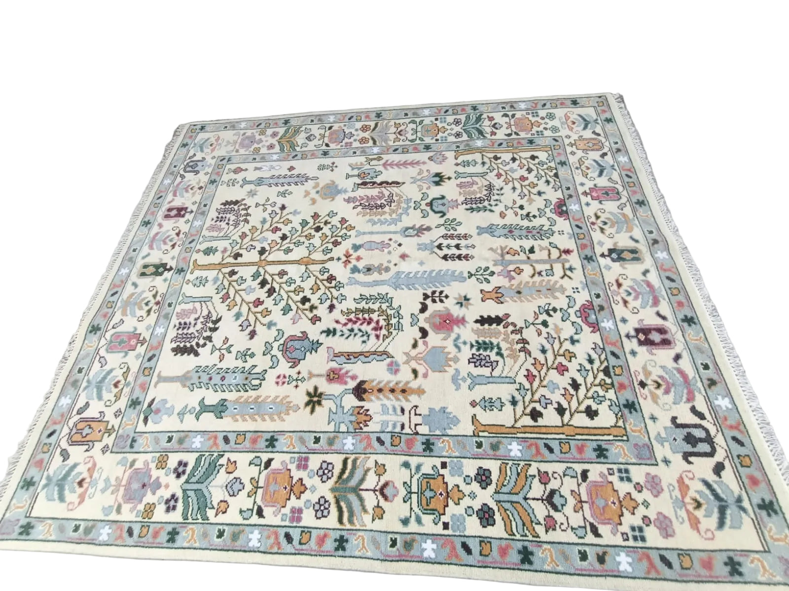 Premium Hand-Knotted Oushak Wool Rug - Creamy Ivory & Sage Green Tree of Life Carpet - Custom Size Traditional Area Rug for Living Room, Bedroom & Dining Space