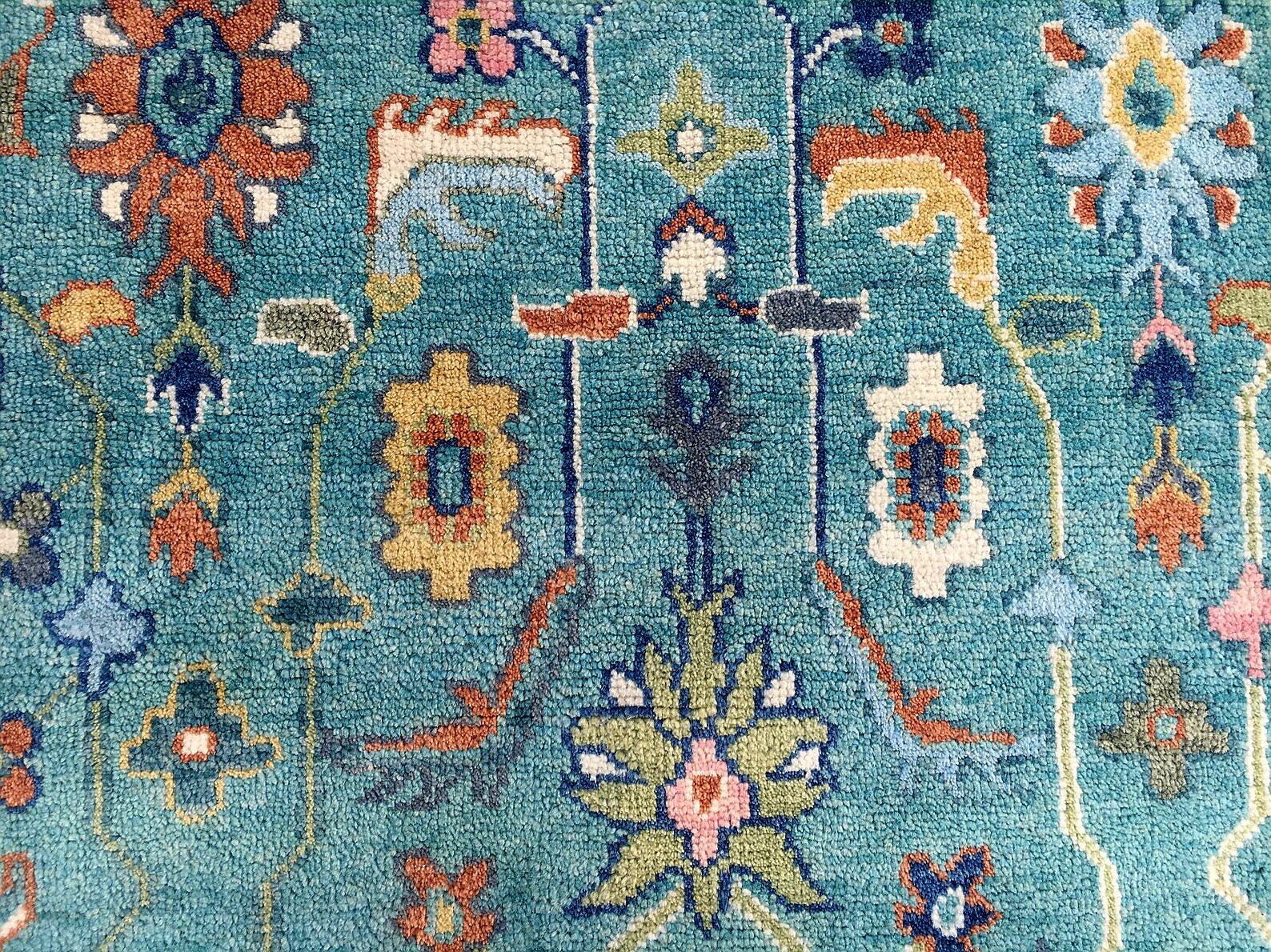 Premium Hand-Knotted Oushak Wool Rug - Vibrant Teal Blue & Terracotta Turkish Style Carpet - Custom Size Area Rug for Living Room, Bedroom & Dining Space