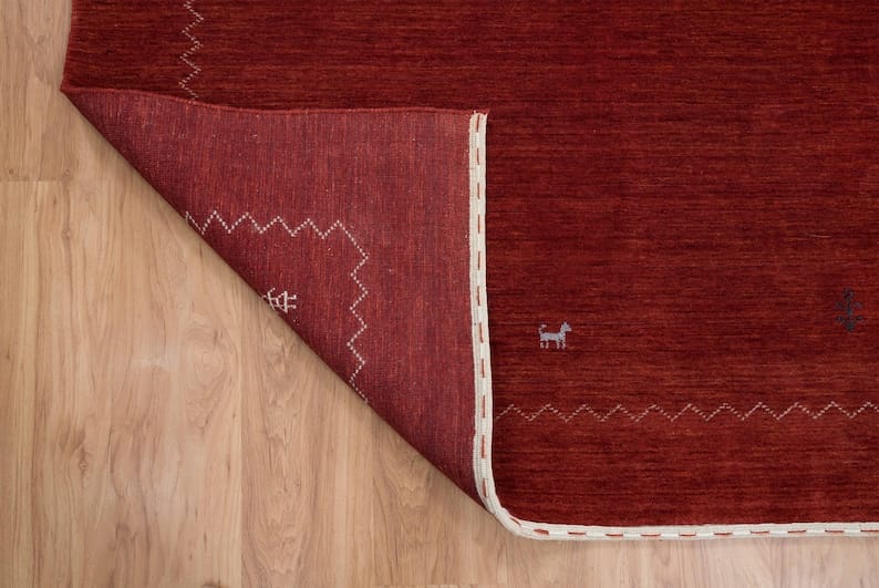 Premium Hand-Knotted Gabbeh Wool Rug - Minimalist Dark Red Maroon Geometric Carpet