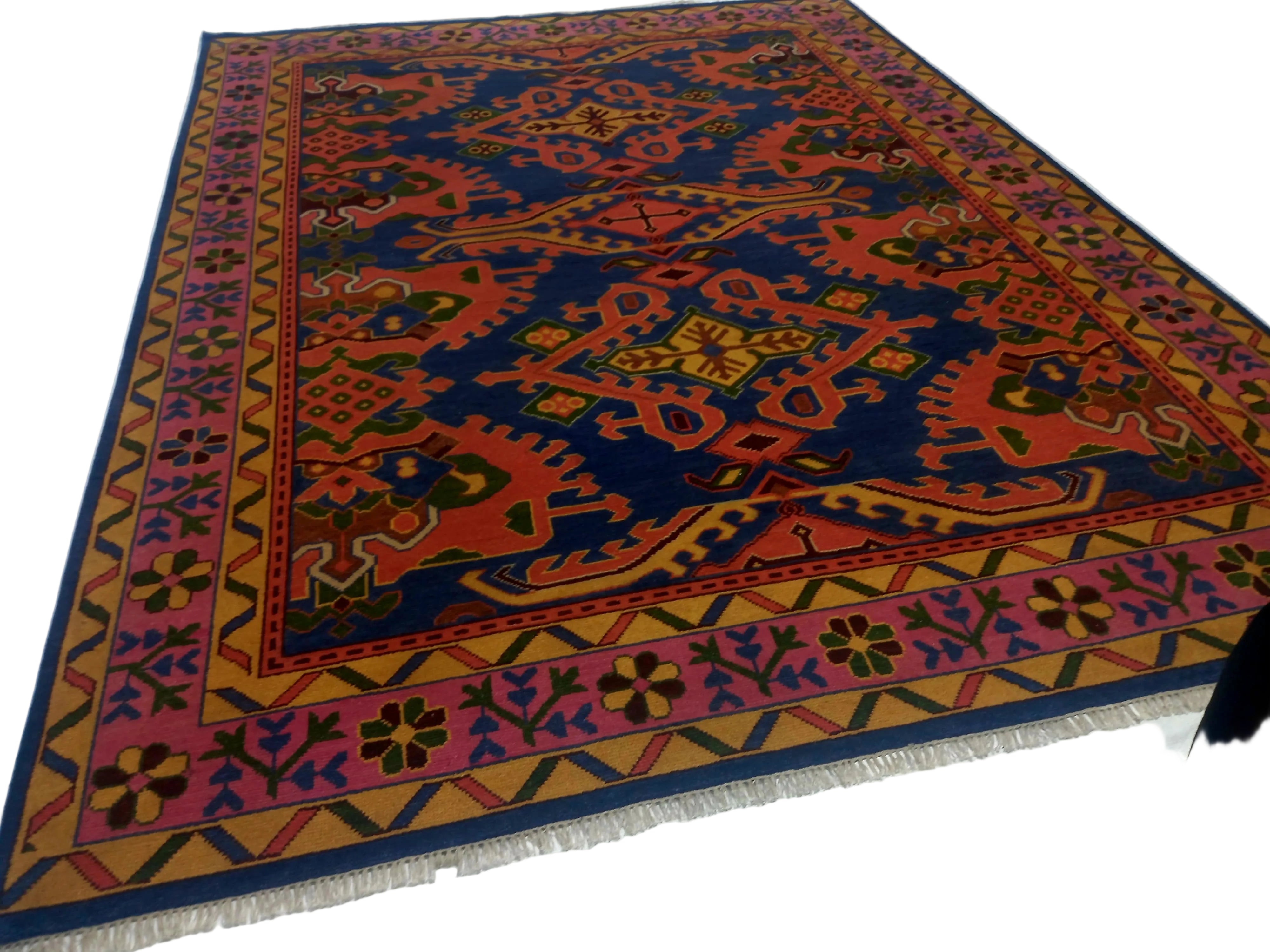 Premium Hand-Knotted Heriz Serapi Wool Rug - Royal Blue & Terracotta Geometric Carpet - Custom Size Traditional Area Rug for Living Room & Dining Space