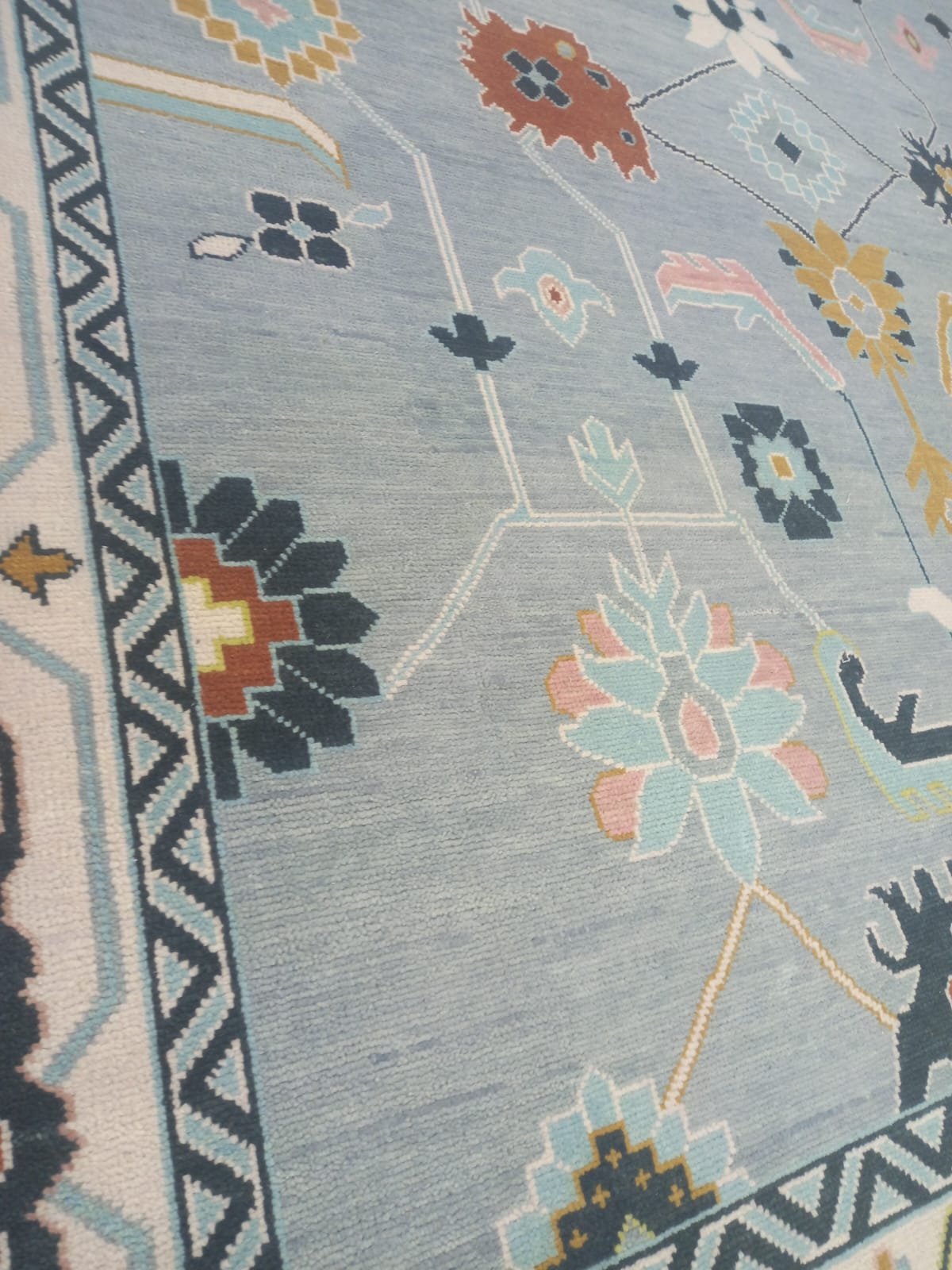 Premium Hand-Knotted Oushak Wool Rug - Slate Blue & Ivory Border Transitional Carpet - Custom Size Area Rug for Living Room, Bedroom & Dining Space