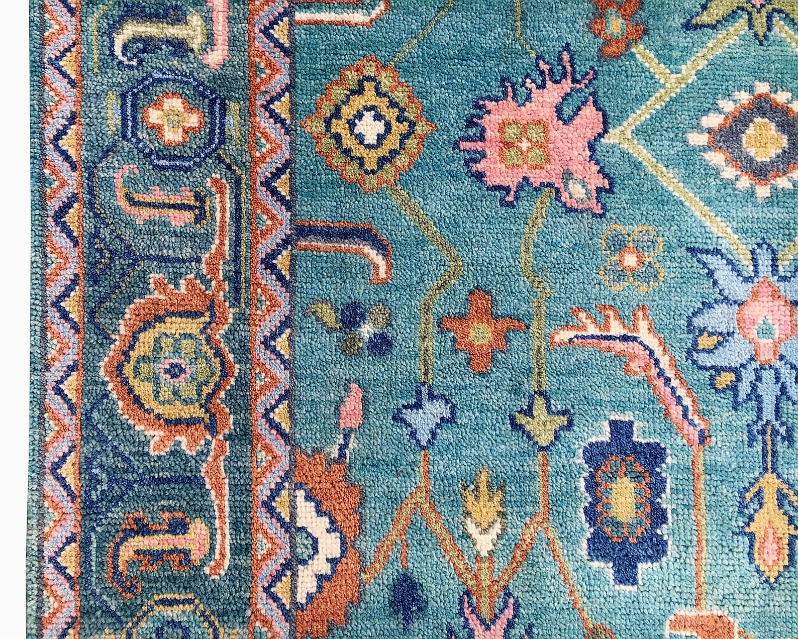 Premium Hand-Knotted Oushak Wool Rug - Vibrant Teal Blue & Terracotta Turkish Style Carpet - Custom Size Area Rug for Living Room, Bedroom & Dining Space
