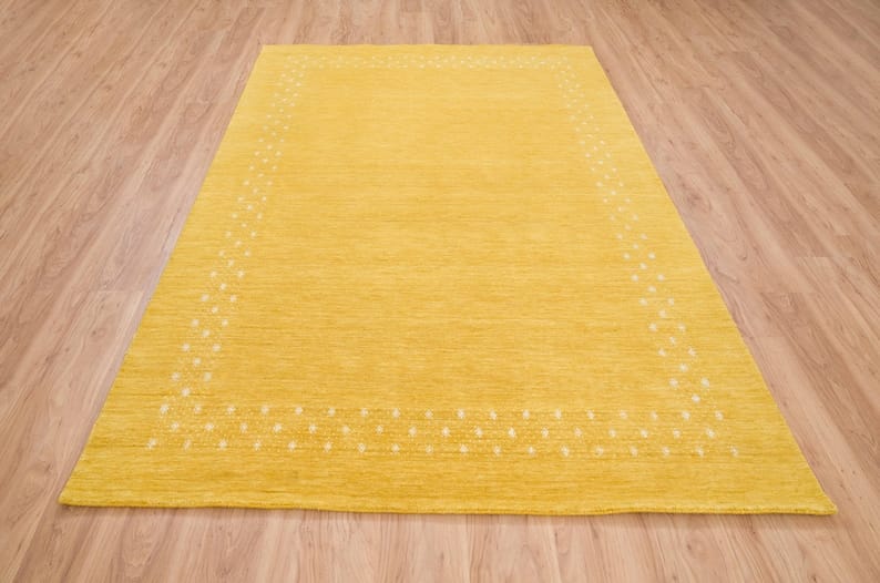 Premium Hand-Knotted Gabbeh Wool Rug - Minimalist Golden Mustard Yellow Carpet