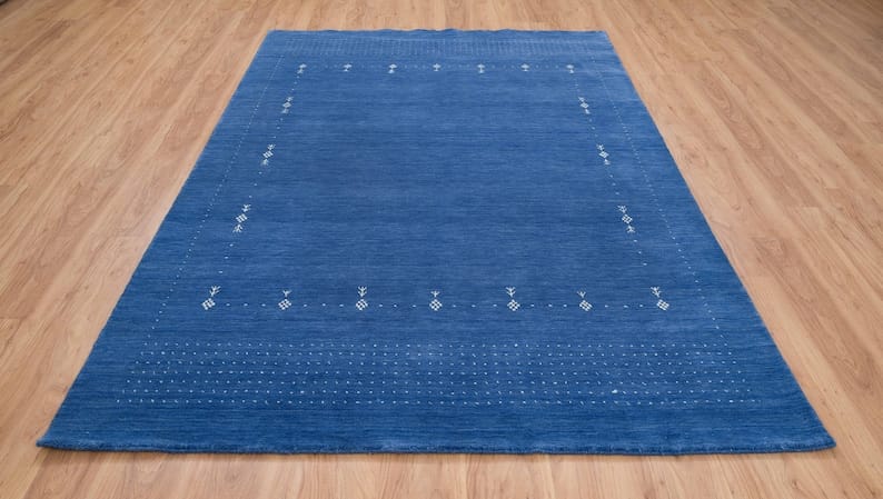 Premium Hand-Knotted Gabbeh Wool Rug - Minimalist Indigo Blue Organic Tribal Area Carpet - Custom Size Available