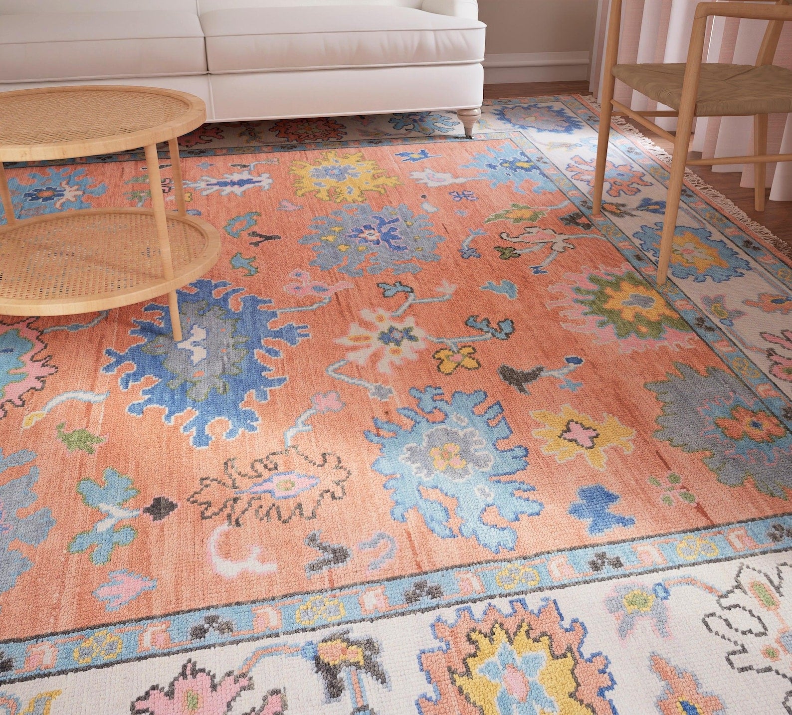 Premium Hand-Knotted Oushak Wool Rug - Vibrant Terracotta Orange Coral Floral Carpet