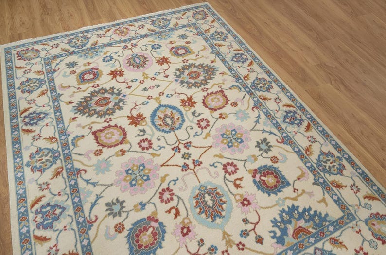 Premium Hand-Knotted Oushak Wool Rug - Elegant Ivory Cream Pastel Floral Carpet