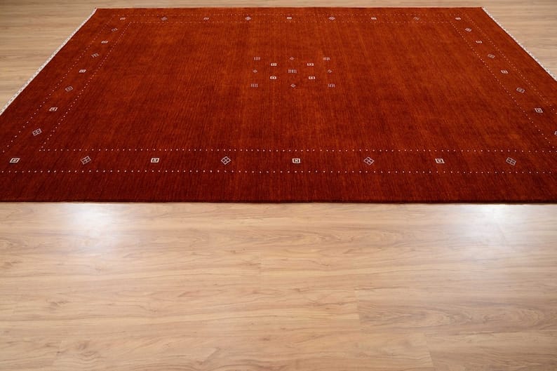 Premium Hand-Knotted Gabbeh Wool Rug - Solid Tomato Orange Red Turkish Carpet
