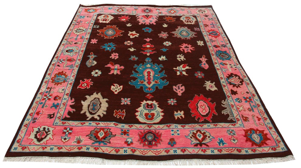 Premium Hand-Knotted Oushak Wool Rug - Dark Brown and Vibrant Pink Floral Carpet
