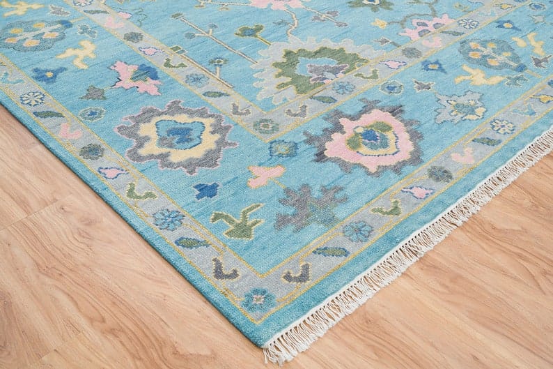 Premium Hand-Knotted Oushak Wool Rug - Serene Light Blue Pastel Floral Carpet