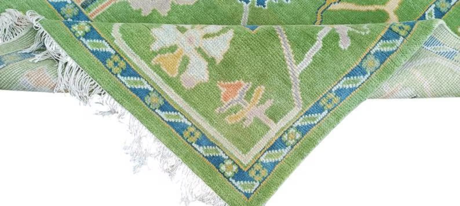 Premium Hand-Knotted Oushak Wool Rug - Apple Green & Pastel Floral Turkish Style Carpet - Custom Size Area Rug for Living Room, Bedroom & Dining Space