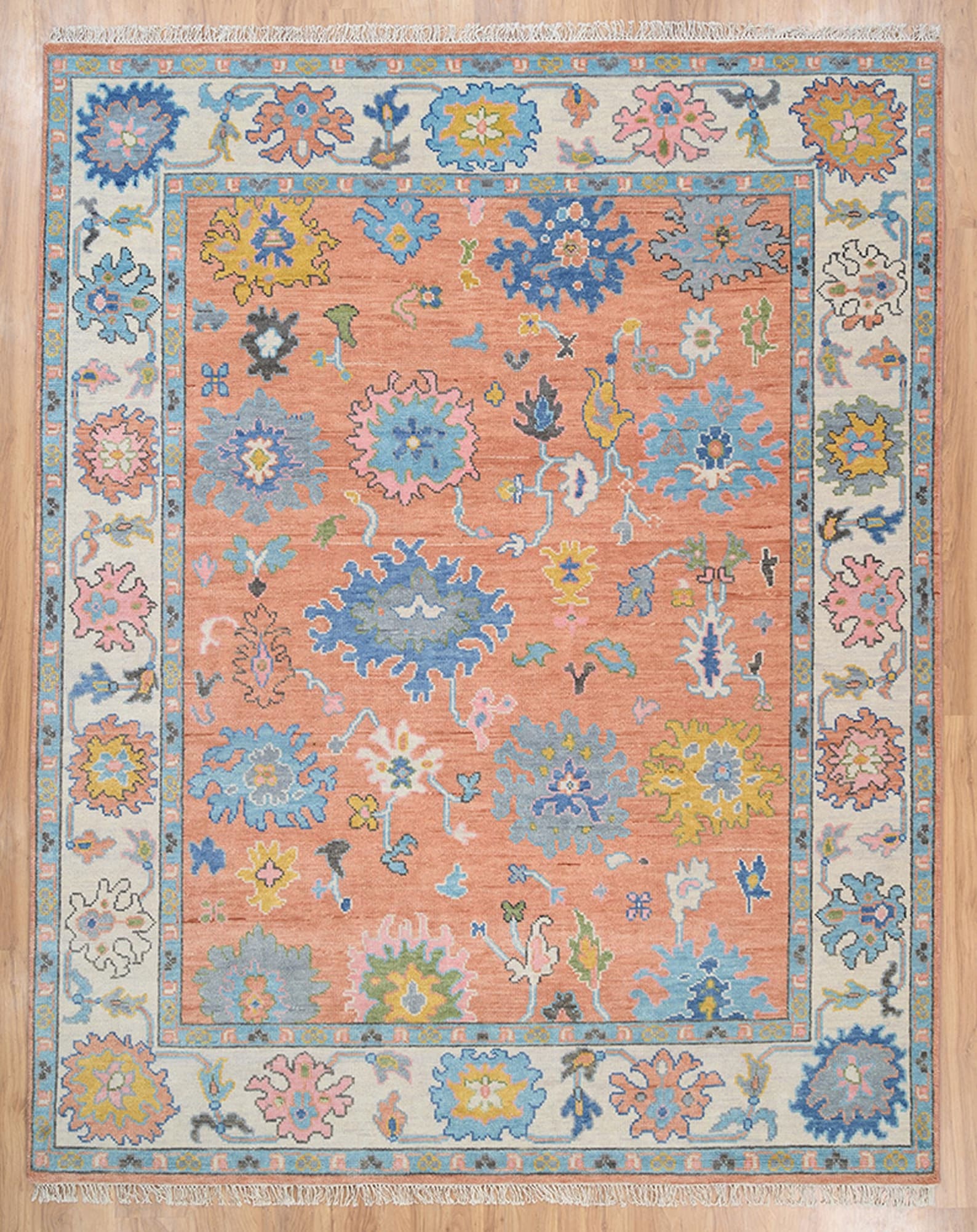 Premium Hand-Knotted Oushak Wool Rug - Vibrant Terracotta Orange Coral Floral Carpet