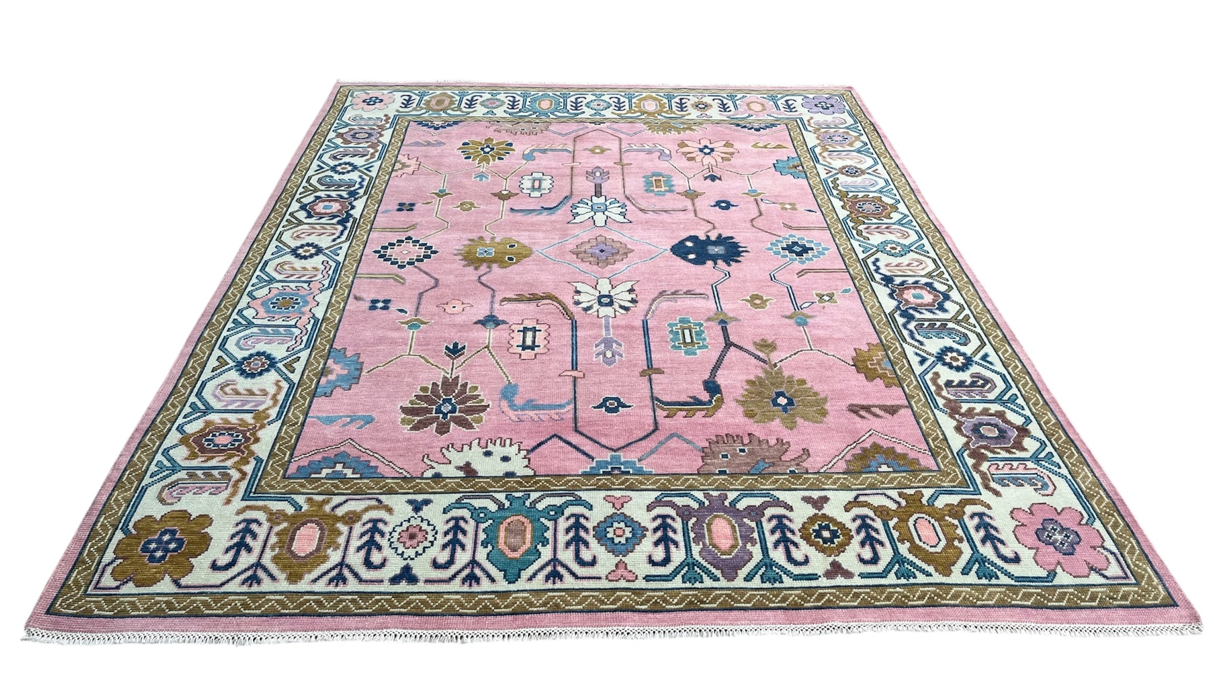 Premium Hand-Knotted Oushak Wool Rug - Soft Pink and Sage Green Floral Carpet