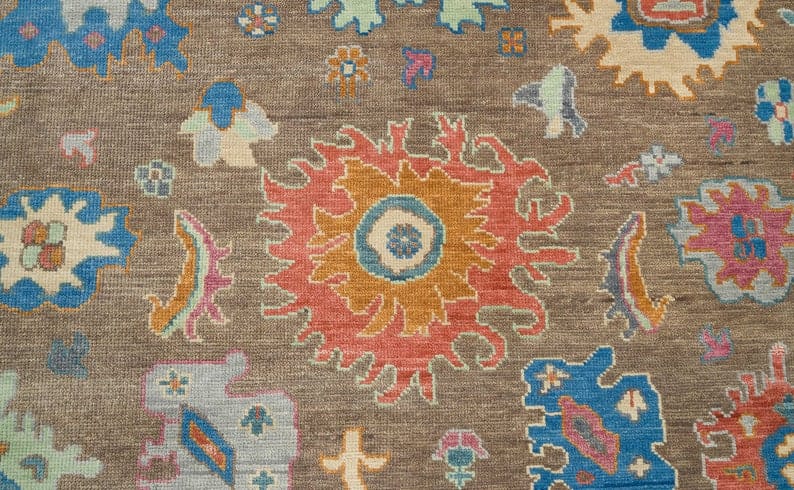 Premium Hand-Knotted Oushak Wool Rug - Vibrant Multi-Color Floral Turkish Carpet
