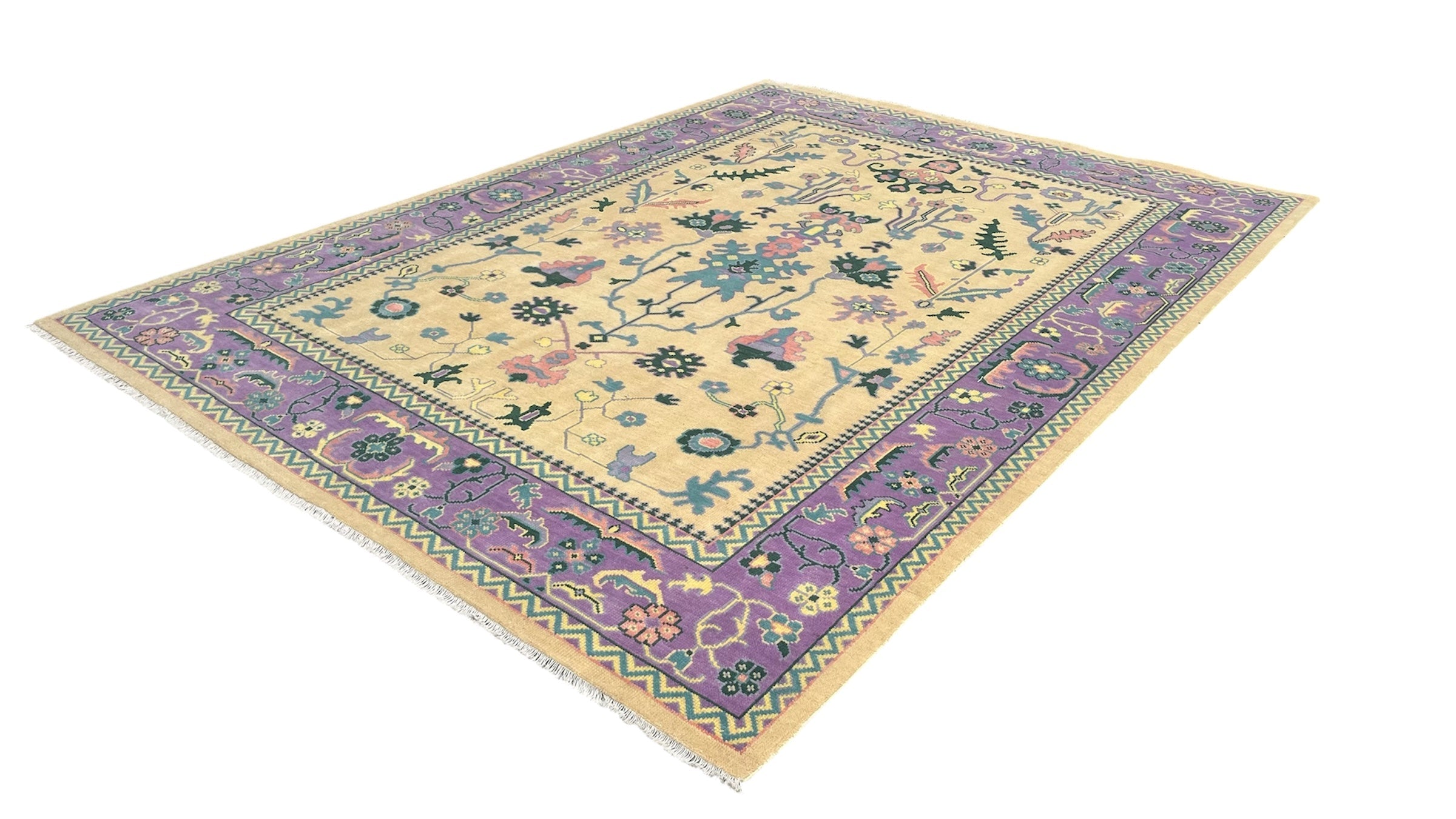 Premium Hand-Knotted Oushak Wool Rug - Ivory Cream and Purple Lavender Floral Carpet