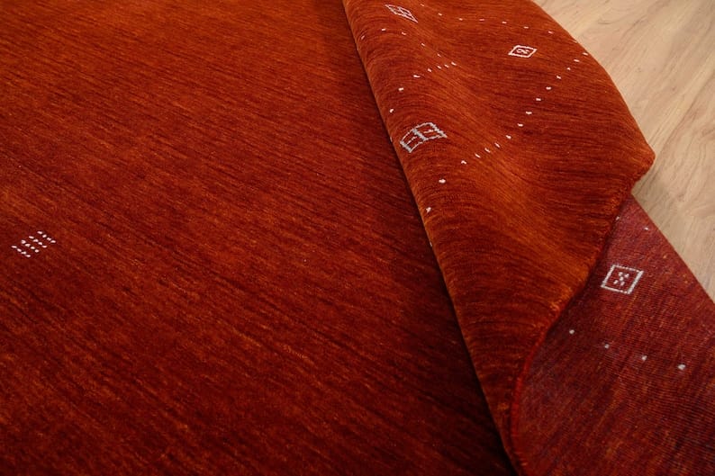 Premium Hand-Knotted Gabbeh Wool Rug - Solid Tomato Orange Red Turkish Carpet
