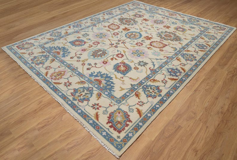 Premium Hand-Knotted Oushak Wool Rug - Elegant Ivory Cream Pastel Floral Carpet