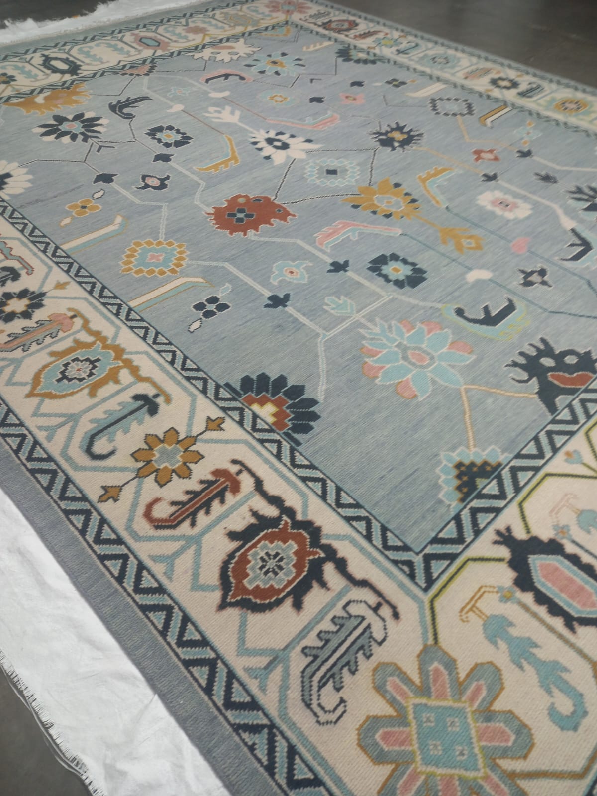 Premium Hand-Knotted Oushak Wool Rug - Slate Blue & Ivory Border Transitional Carpet - Custom Size Area Rug for Living Room, Bedroom & Dining Space