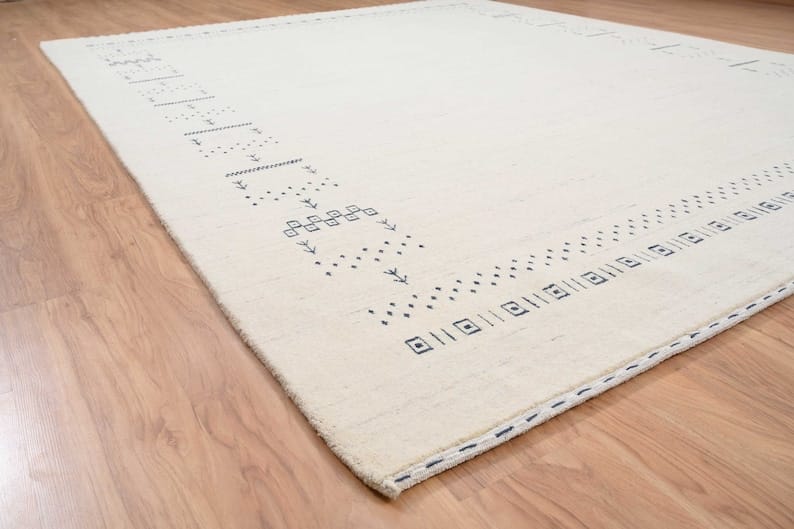 Premium Hand-Knotted Gabbeh Wool Rug - Minimalist Cream Ivory Organic Tribal Area Carpet - Custom Size Available