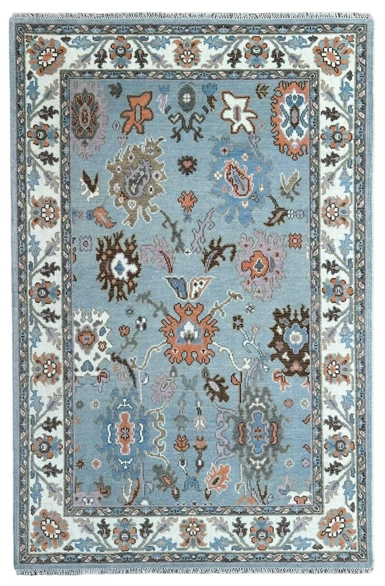 Premium Hand-Knotted Oushak Wool Rug - Steel Blue & Ivory Border Turkish Style Carpet - Custom Size Area Rug for Living Room, Bedroom & Dining Space